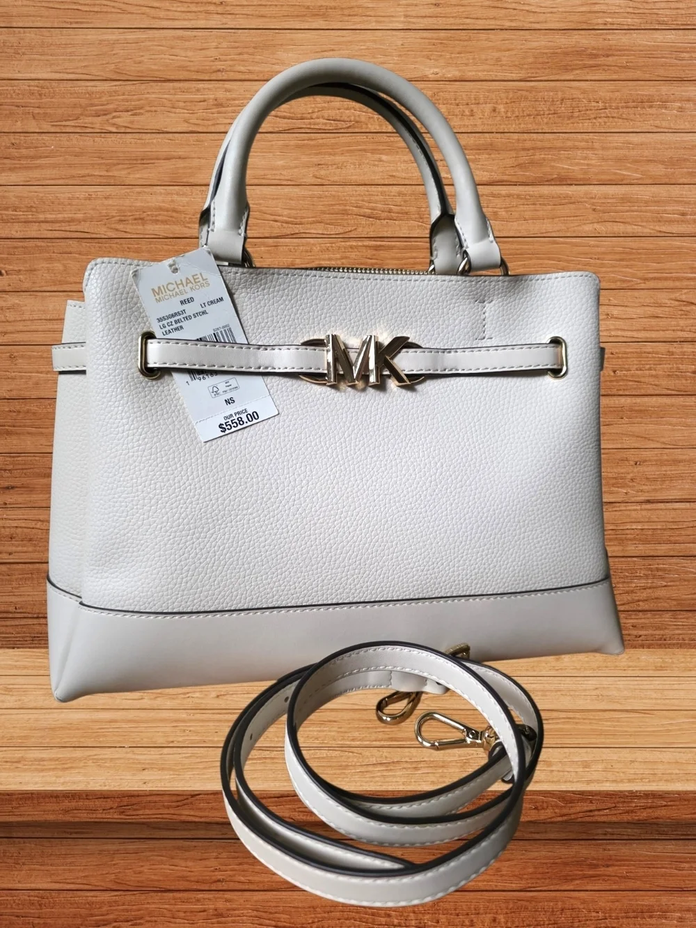 NWT Michael Kors Reed Large Belted Satchel Light Cream Leather + Dust Bag